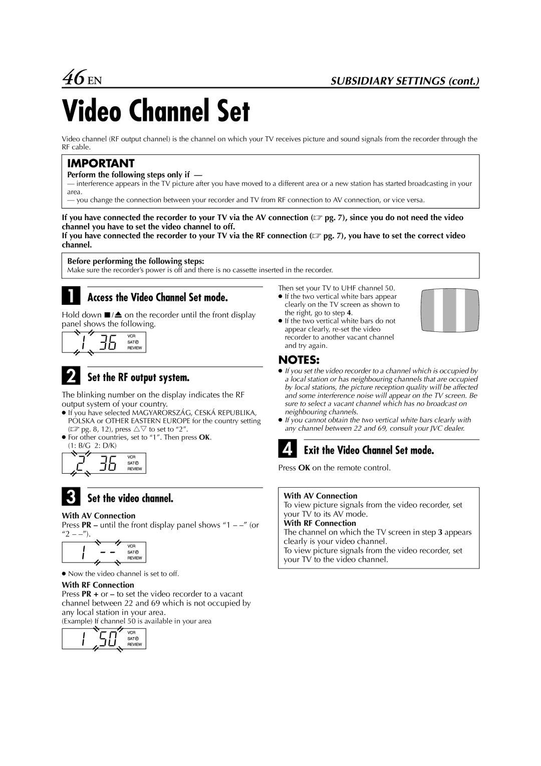 JVC HR-J280 46 EN, Access the Video Channel Set mode, Set the RF output system, Exit the Video Channel Set mode 