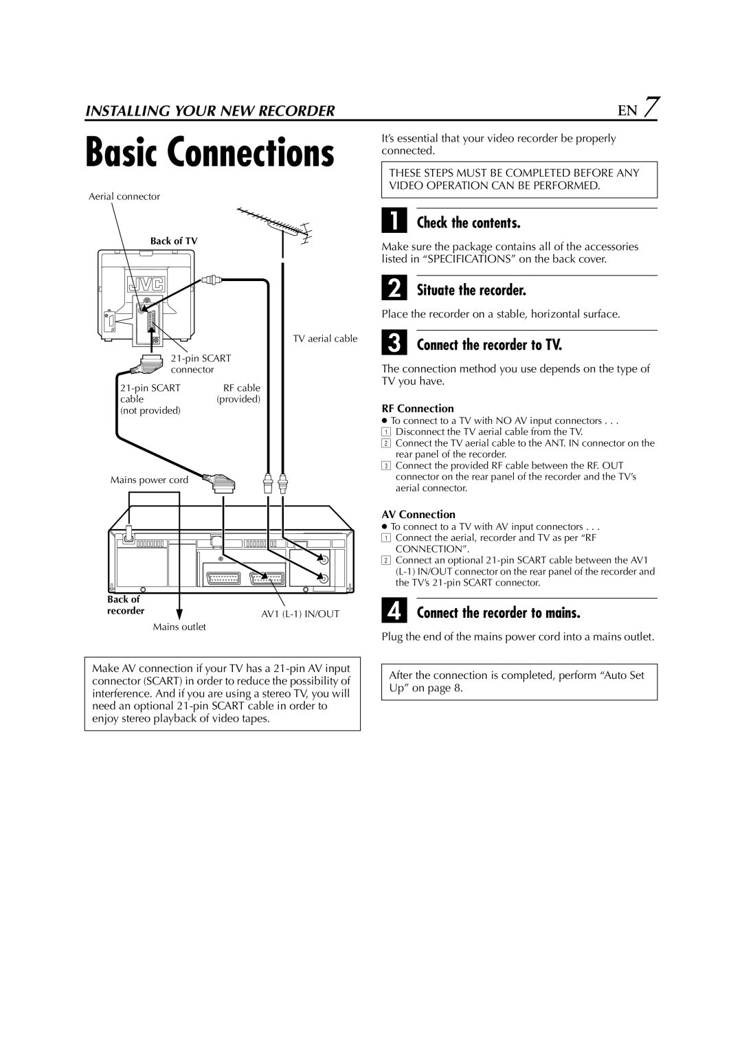 JVC HR-J280, HR-J289EU Check the contents, Situate the recorder, Connect the recorder to TV, Connect the recorder to mains 