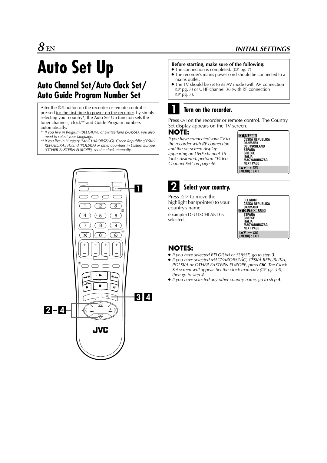 JVC HR-J281, HR-J289EU Auto Set Up, Turn on the recorder, Select your country, Before starting, make sure of the following 