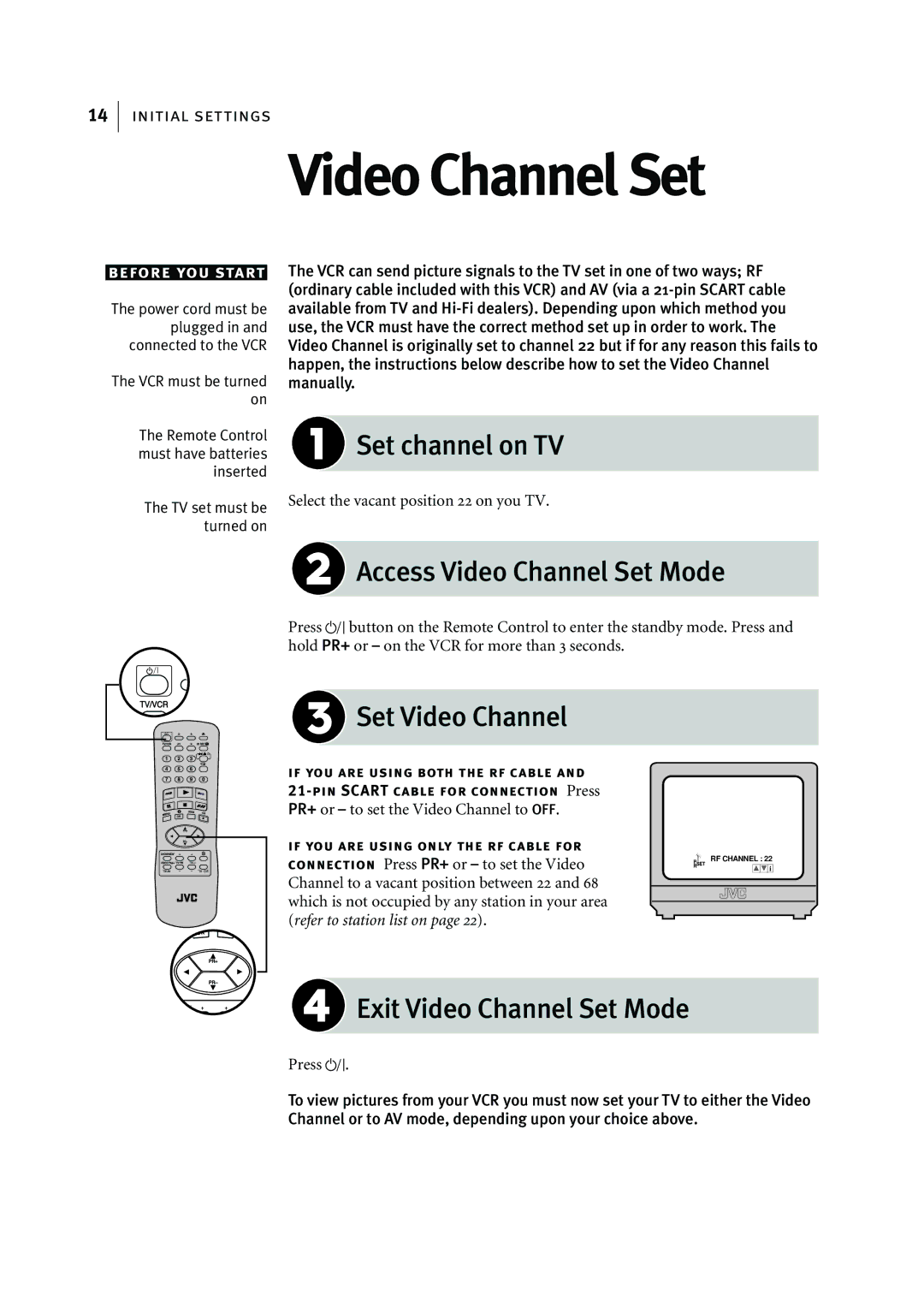 JVC HR-J295EK manual Set channel on TV, Access Video Channel Set Mode, Set Video Channel, Exit Video Channel Set Mode 