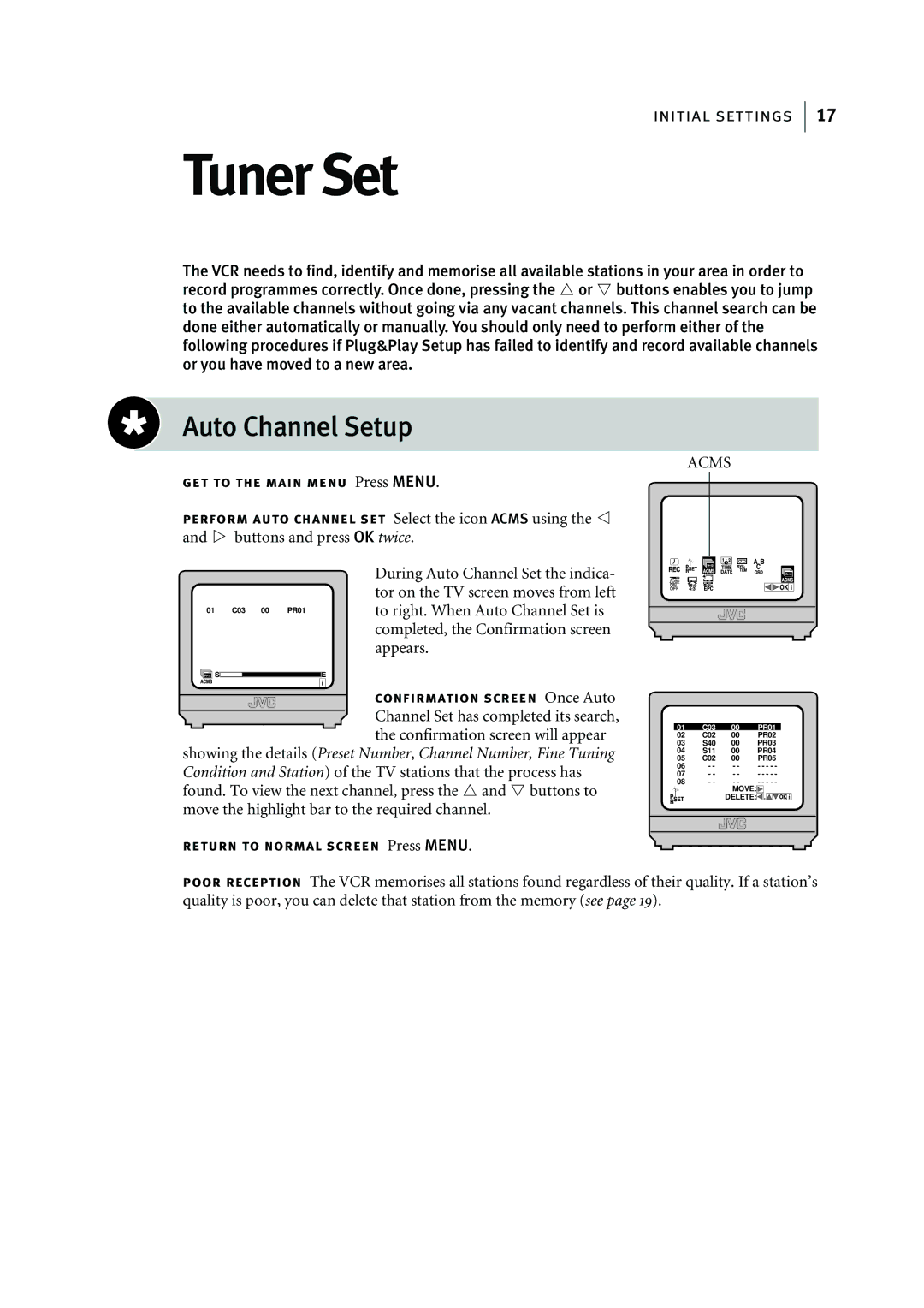 JVC HR-J295EK manual Tuner Set, Auto Channel Setup 