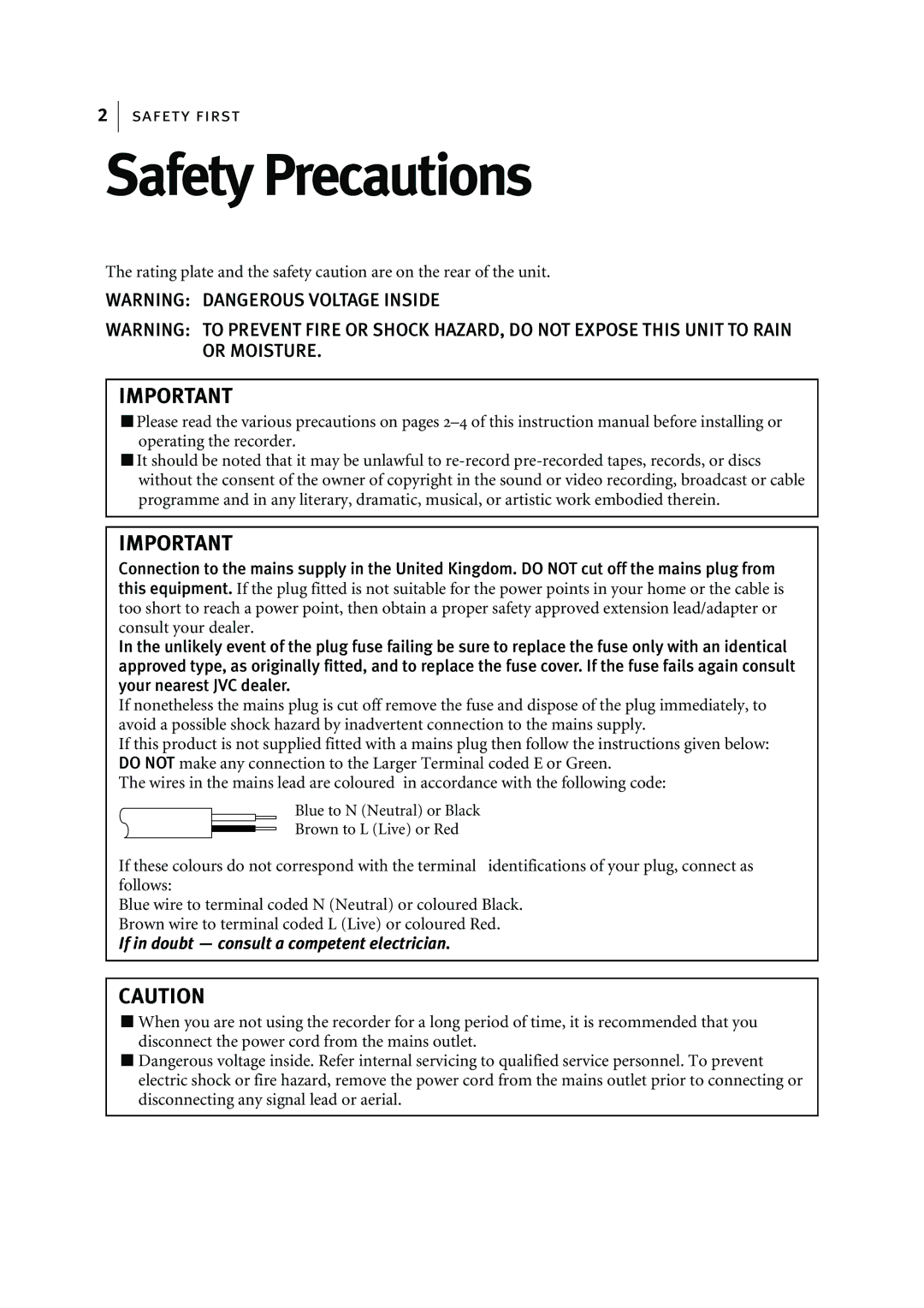 JVC HR-J295EK manual Safety Precautions, If in doubt Ñ consult a competent electrician 