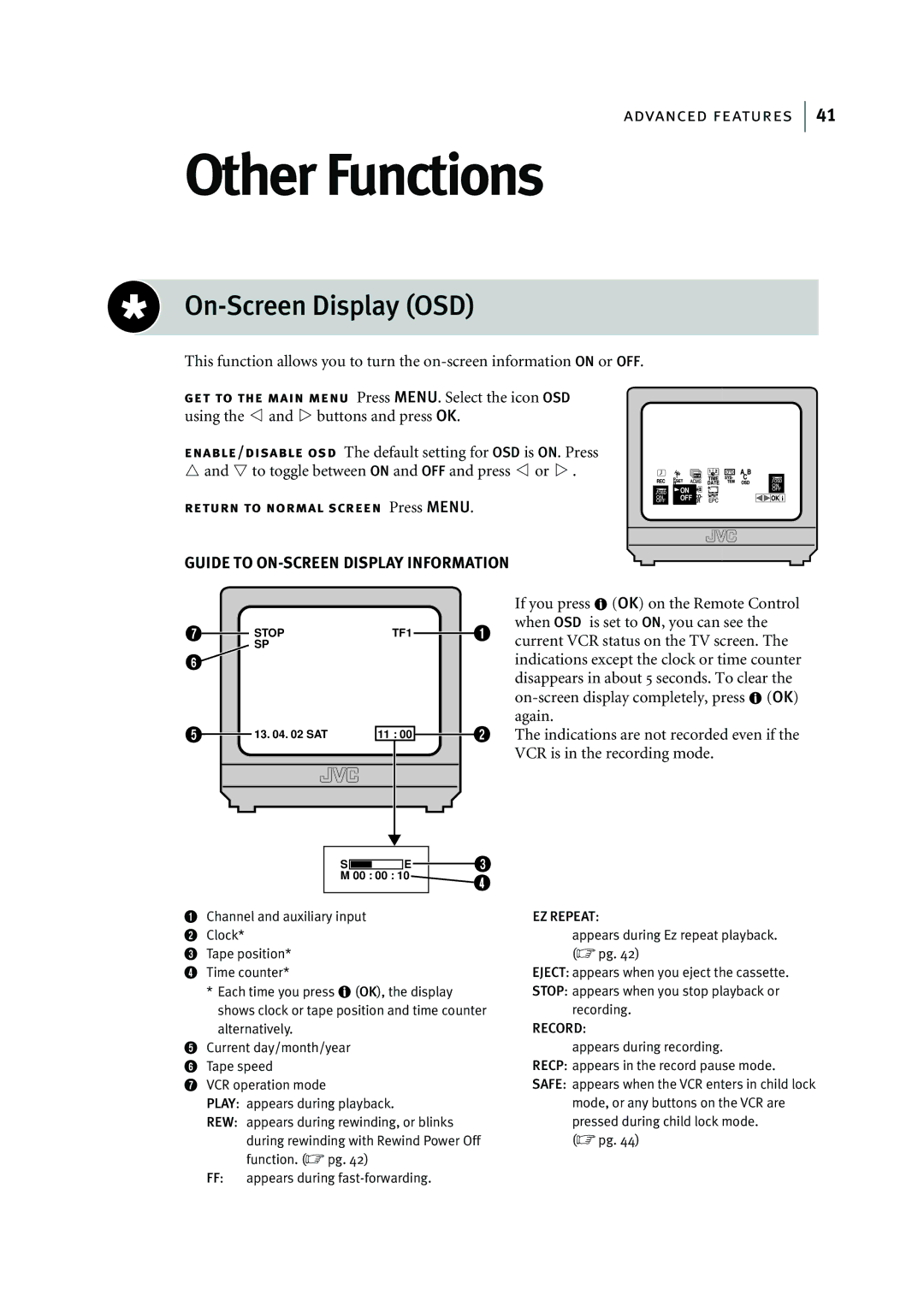 JVC HR-J295EK manual Other Functions, On-Screen Display OSD 