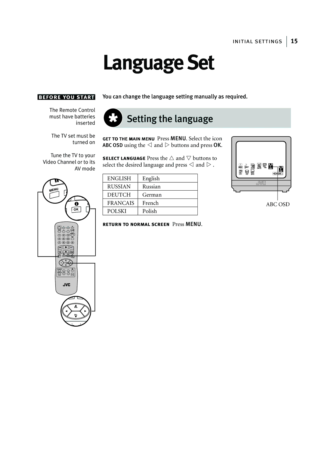 JVC HR-J295EK manual Language Set, Setting the language 