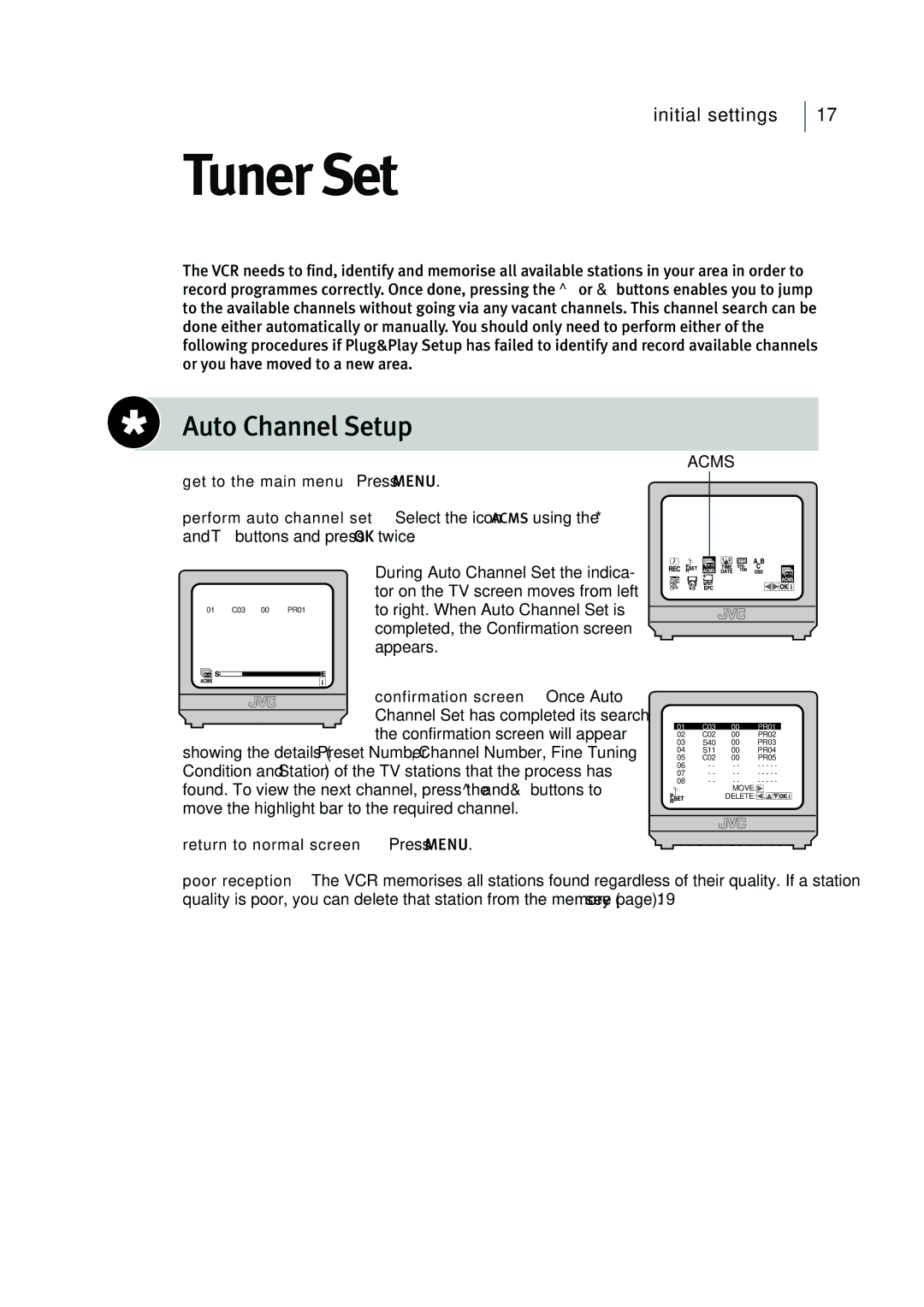 JVC HR-J295EK manual Tuner Set, Auto Channel Setup 