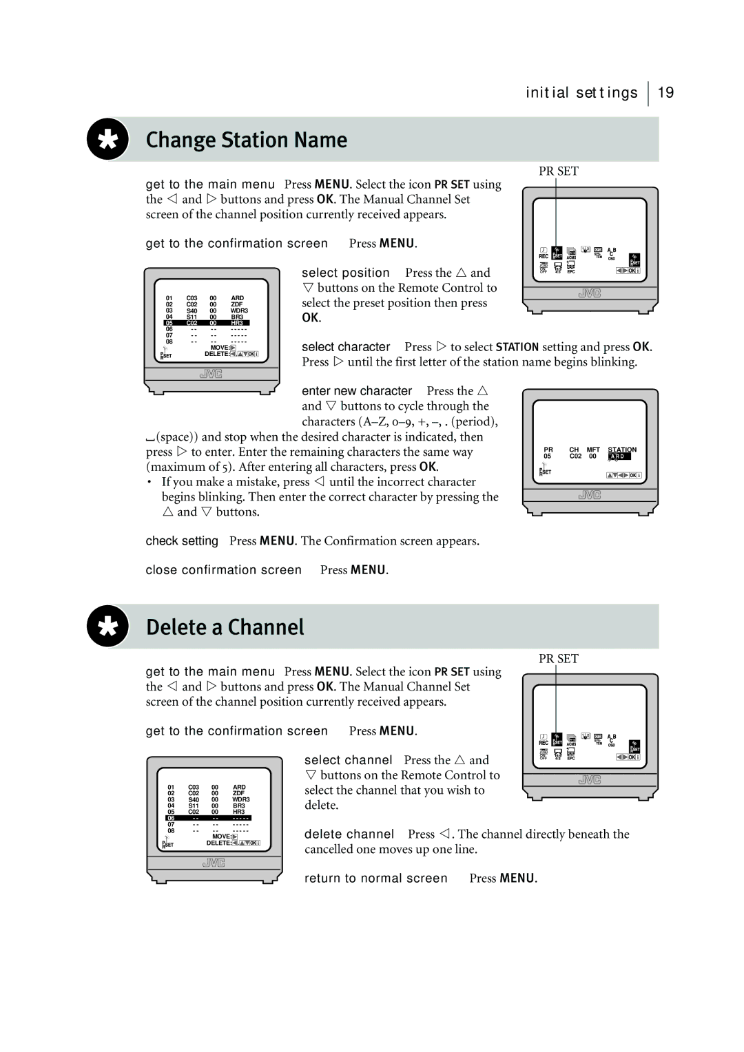 JVC HR-J295EK manual Change Station Name, Delete a Channel 