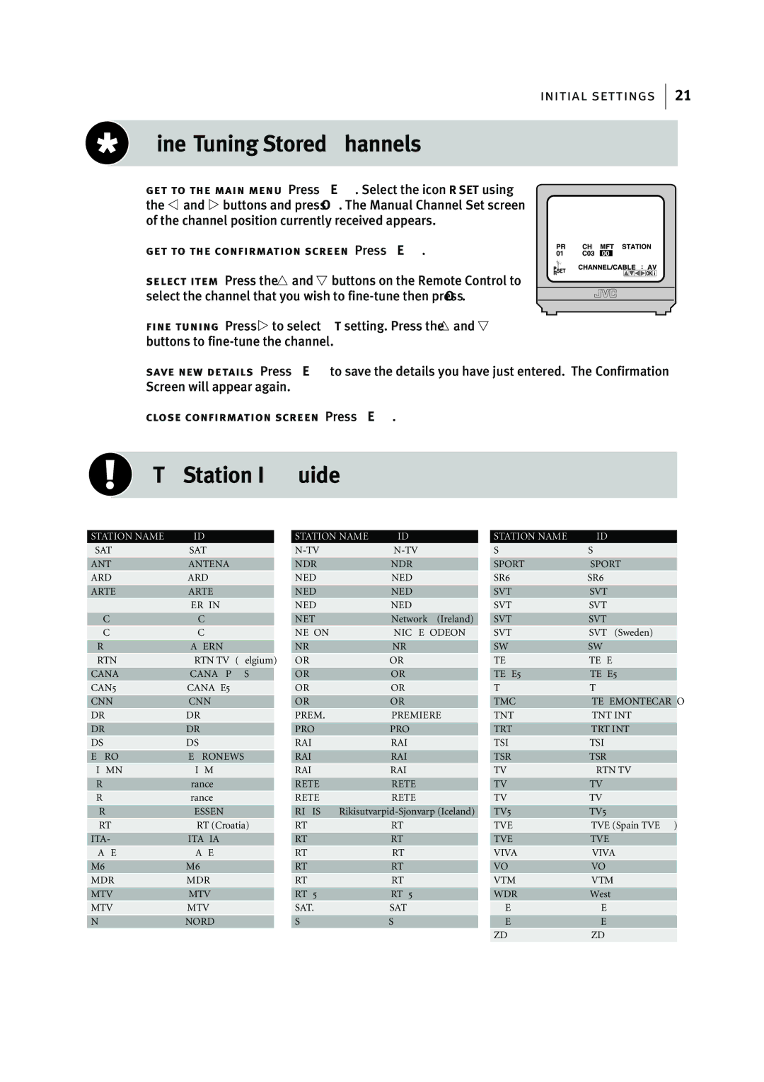 JVC HR-J295EK manual Fine-Tuning Stored Channels, TV Station ID Guide 