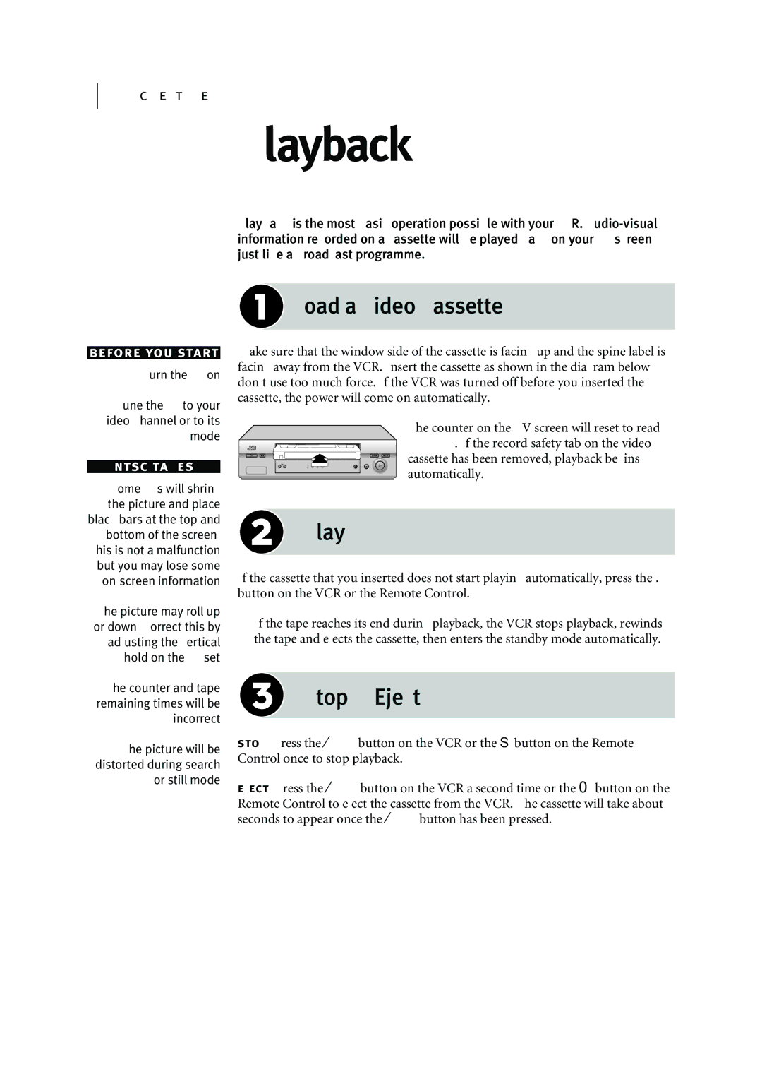 JVC HR-J295EK manual Playback, Load a Video Cassette, Stop & Eject 