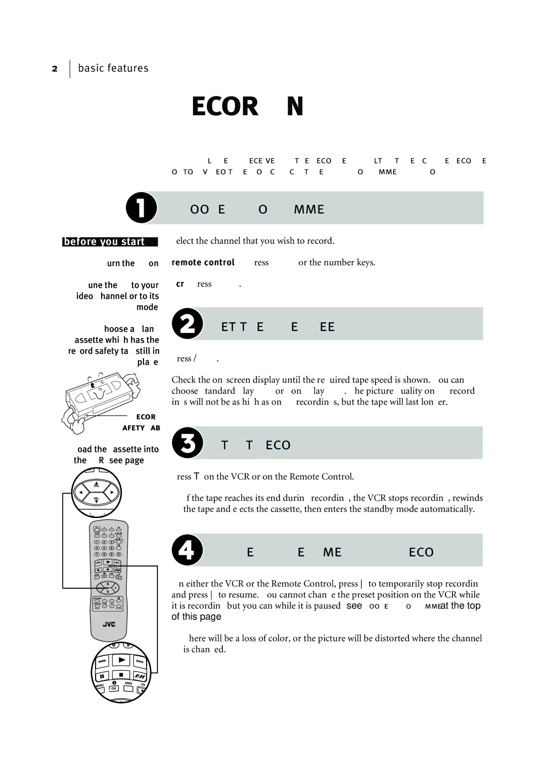 JVC HR-J295EK manual Choose a Programme, Set the Tape Speed, Start Recording, Pause and Resume During Recording 