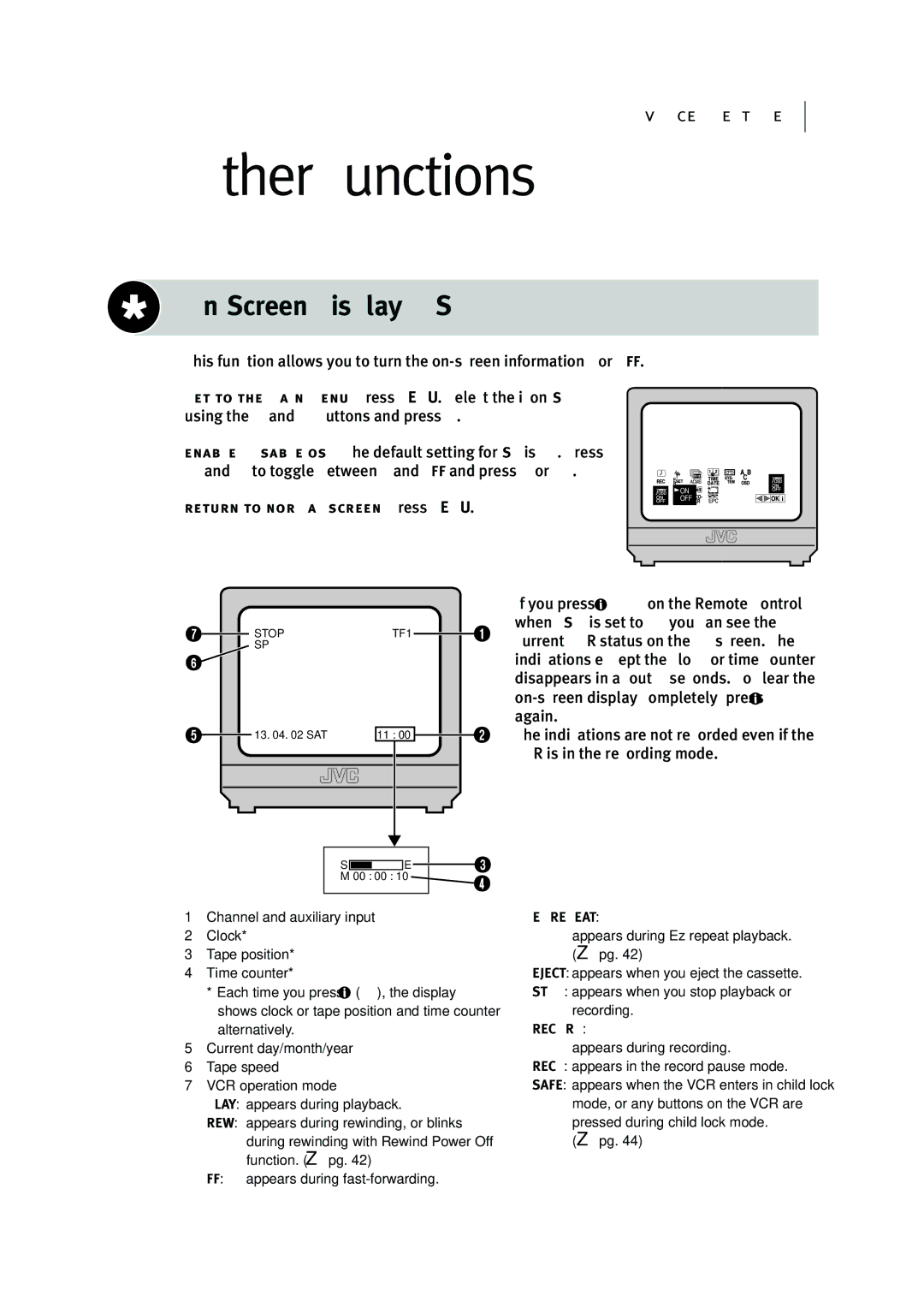 JVC HR-J295EK manual Other Functions, On-Screen Display OSD 