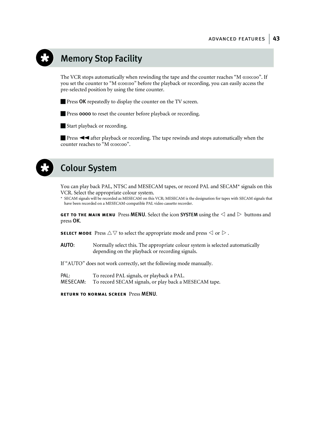 JVC HR-J295EK manual Memory Stop Facility, Colour System 