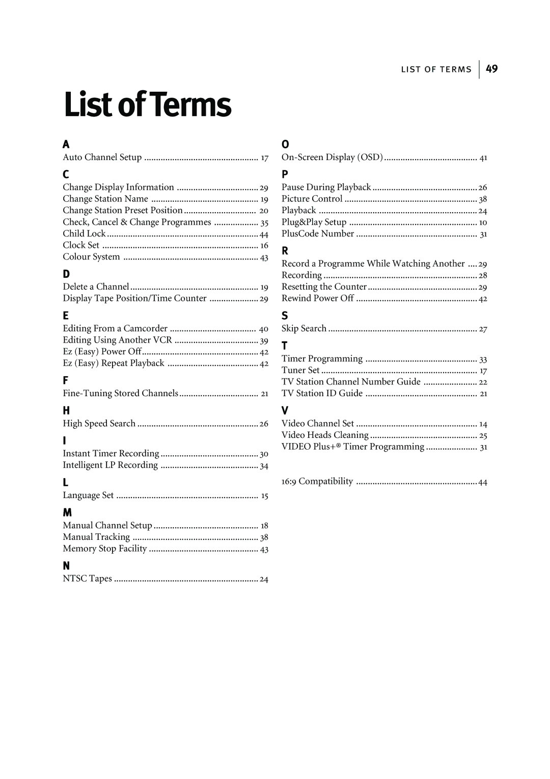 JVC HR-J295EK manual List of Terms 