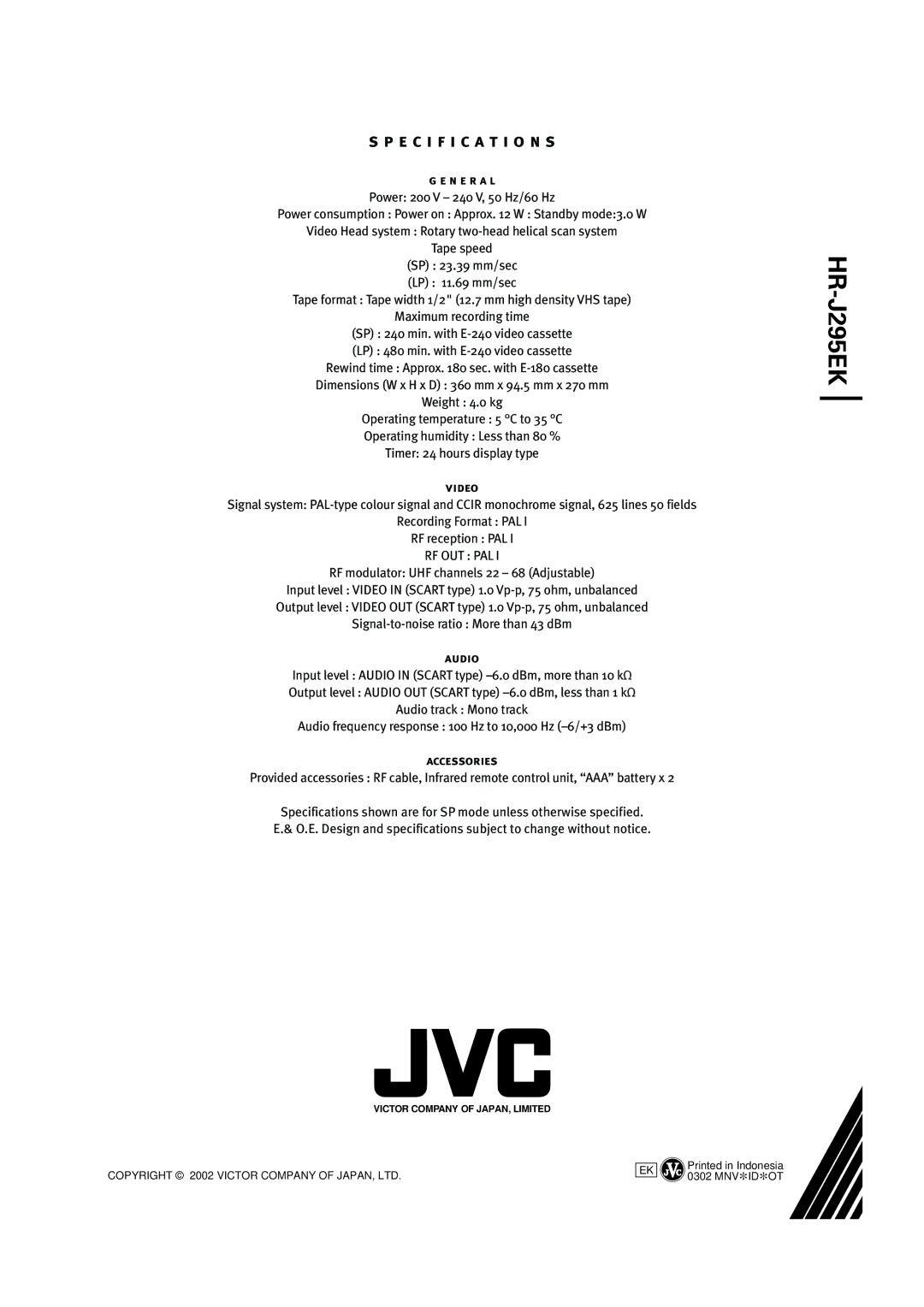 JVC HR-J295EK manual 