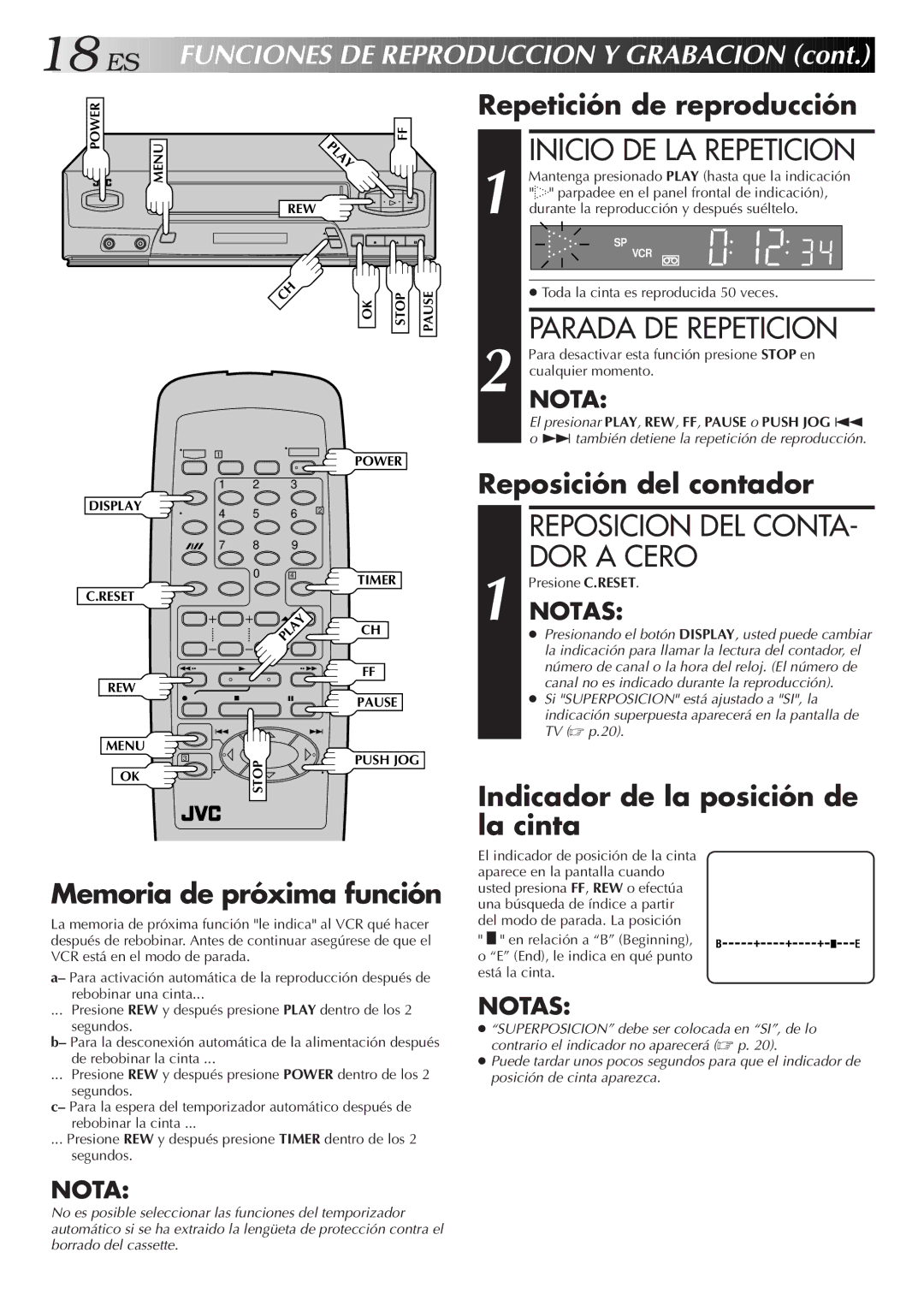 JVC HR-J3006UM DOR a Cero, Funciones DE Reproduccion Y Grabacion, Repetición de reproducción, Reposición del contador, Lay 