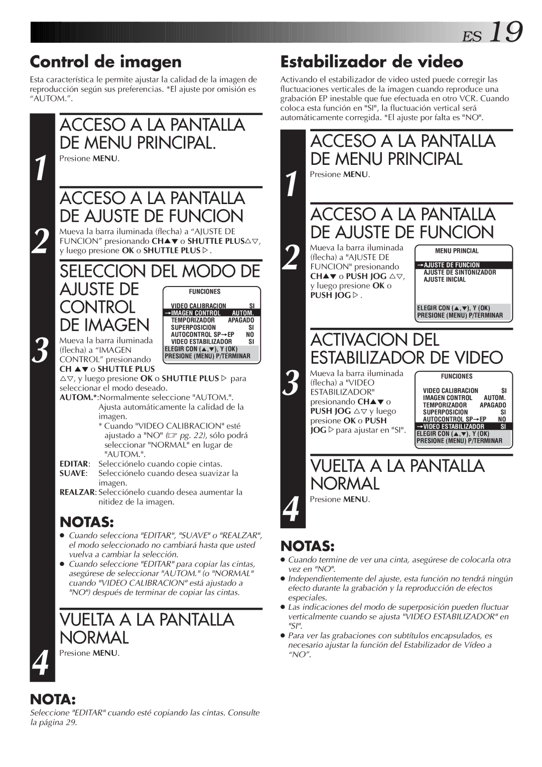 JVC HR-J3006UM manual Ajuste DE, Control, DE Imagen, Acceso a LA Pantalla DE Menu Principal, Activacion DEL 