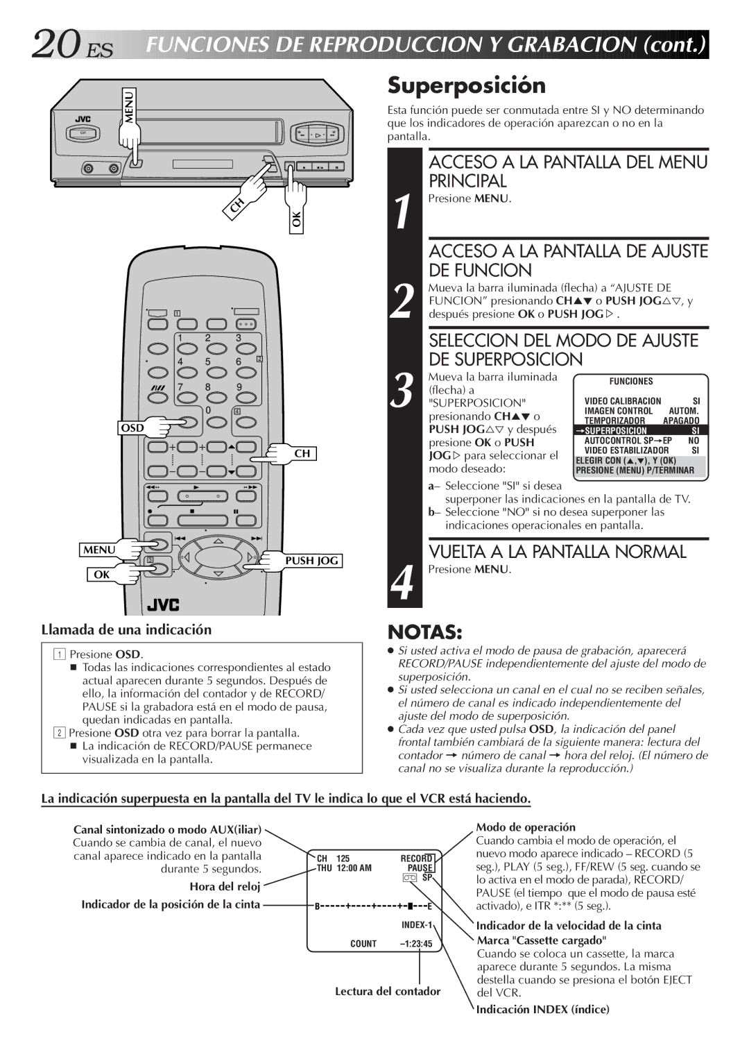 JVC HR-J3006UM manual Superposición, Durante 5 segundos, Hora del reloj, Lectura del contador Modo de operación 