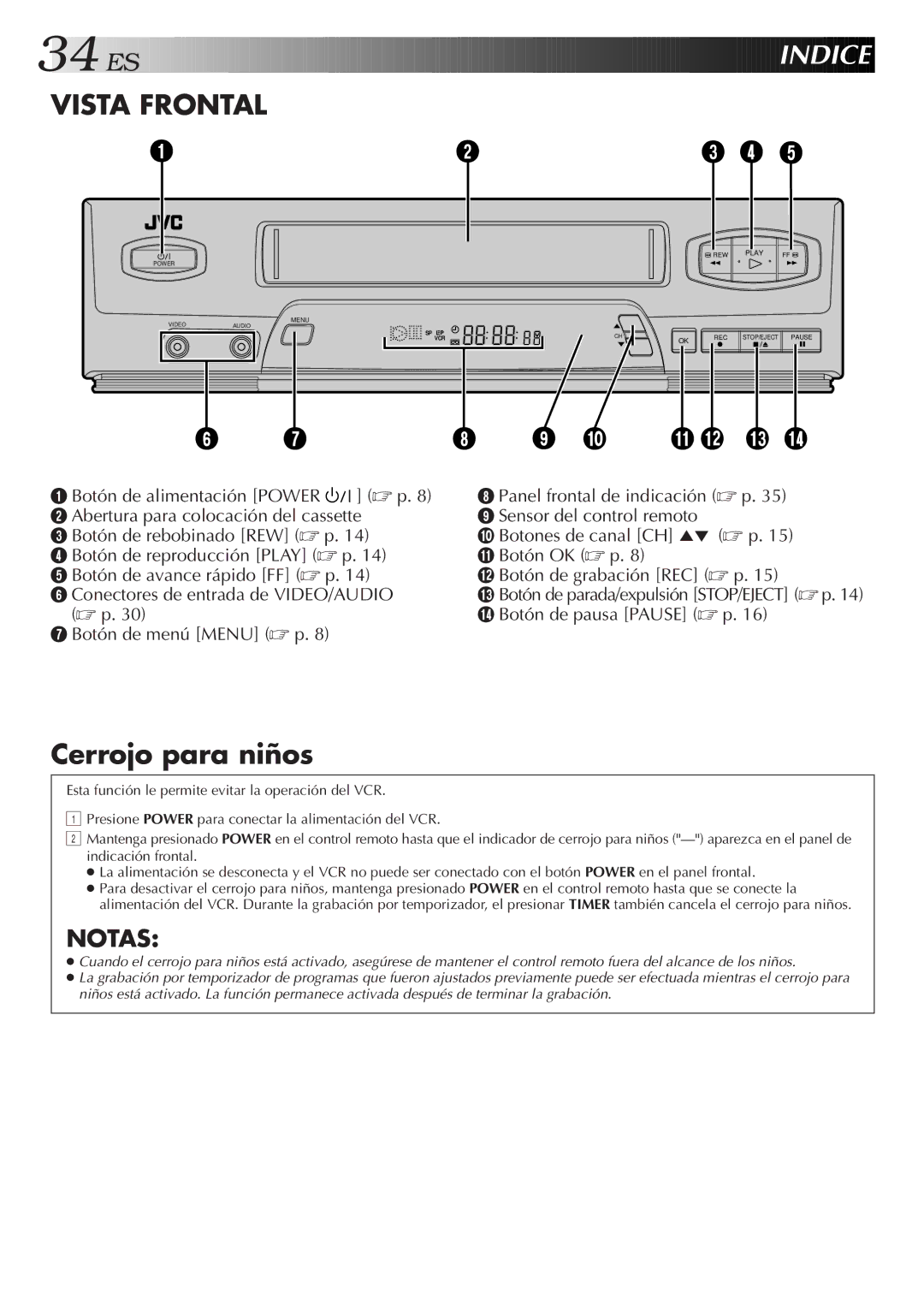 JVC HR-J3006UM manual Indice, Cerrojo para niños 