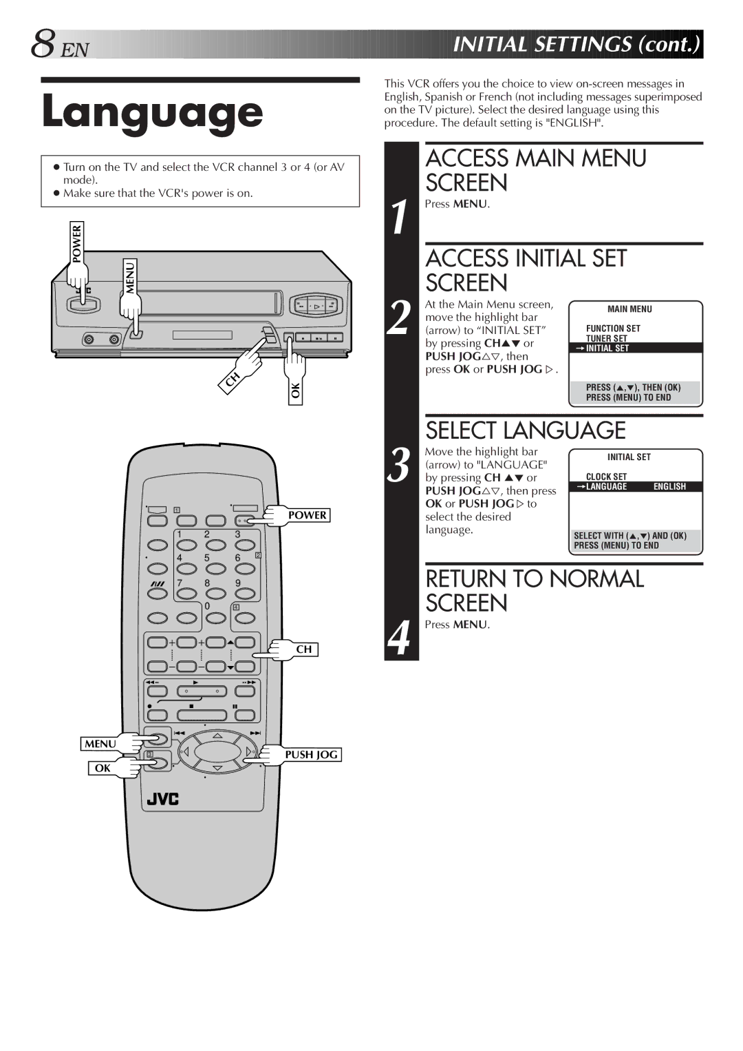 JVC HR-J3006UM manual Screen, Access Initial SET, Select Language, EN Initial Settings 