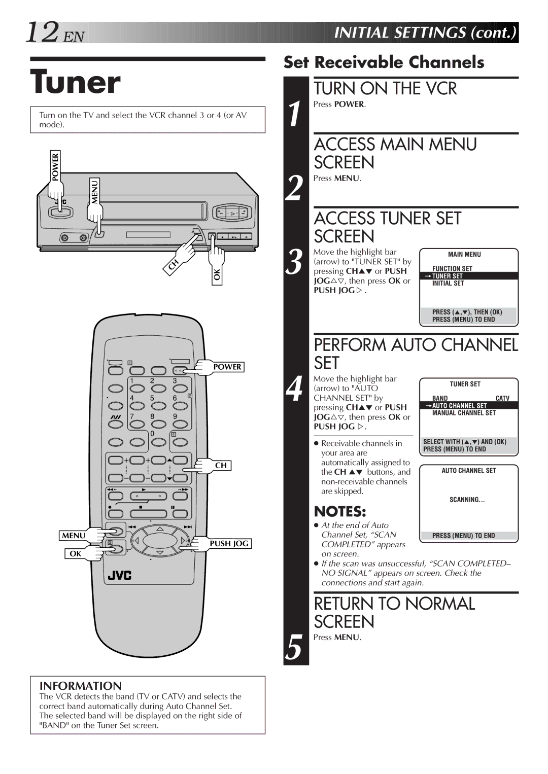 JVC HR-J3006UM manual Access Tuner SET, Set Receivable Channels, Perform Auto Channel 