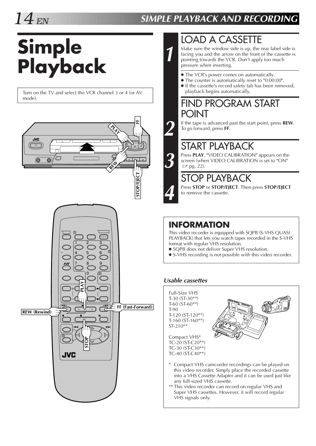 JVC HR-J3006UM manual Simple Playback, Load a Cassette, Find Program Start Point, Start Playback, Stop Playback 