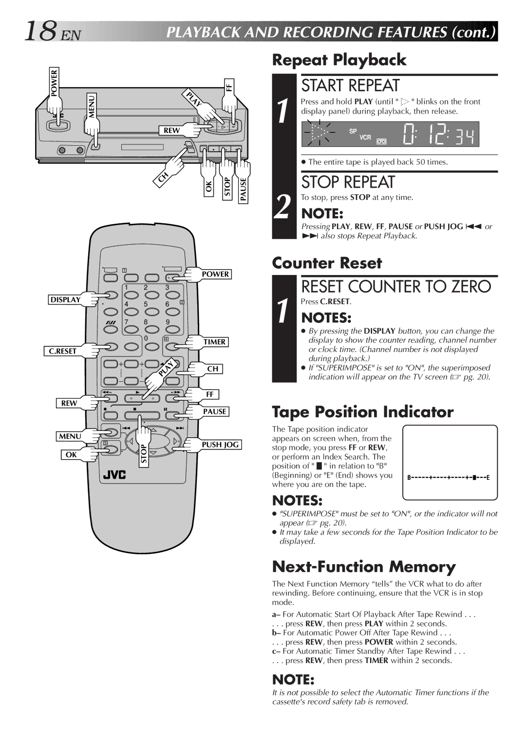 JVC HR-J3006UM manual Start Repeat, Stop Repeat, Layback and Recording Features 