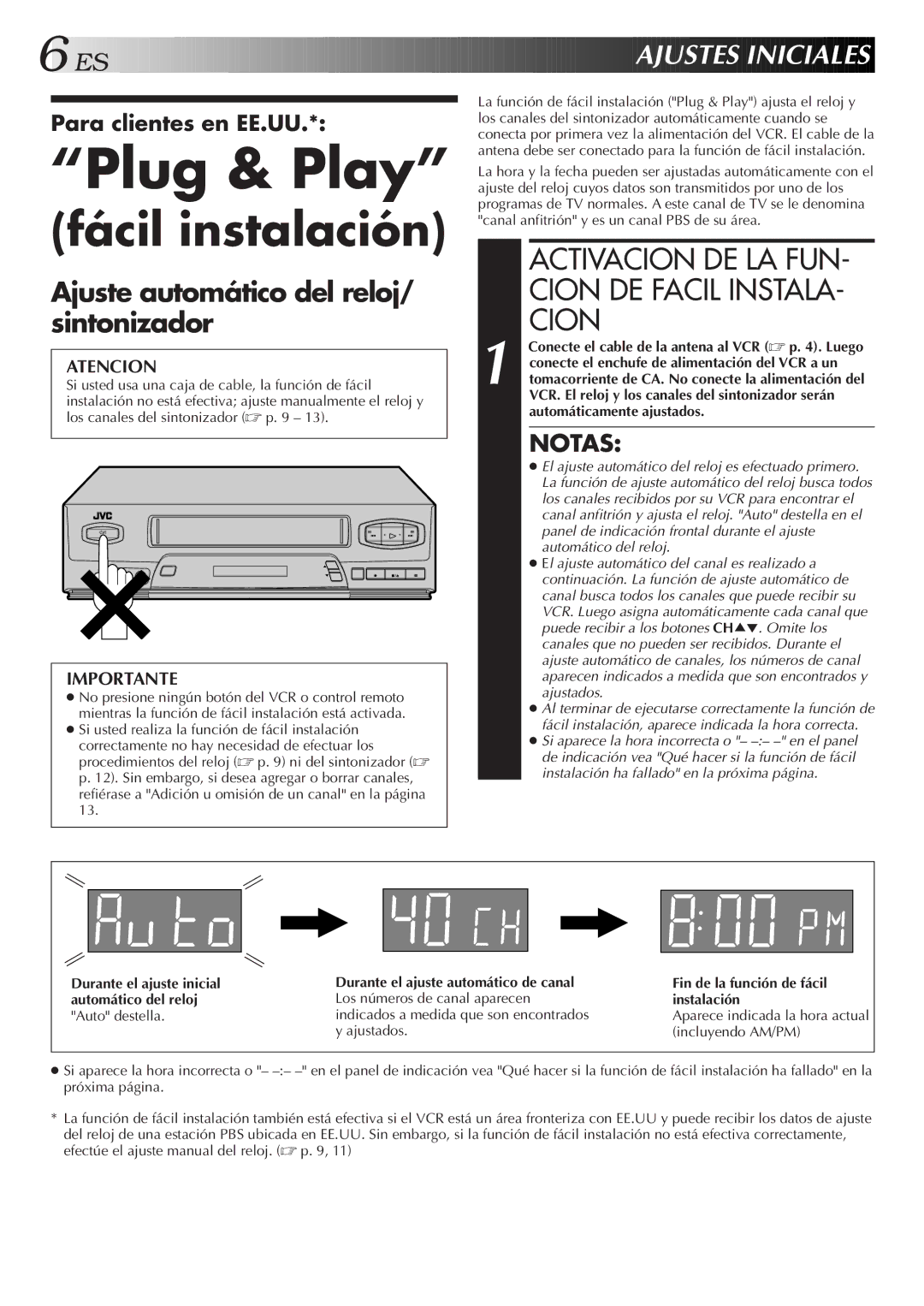 JVC HR-J3006UM manual Plug & Play, Activacion DE LA FUN- Cion DE Facil INSTALA- Cion, ES Ajustes Inic Iales 