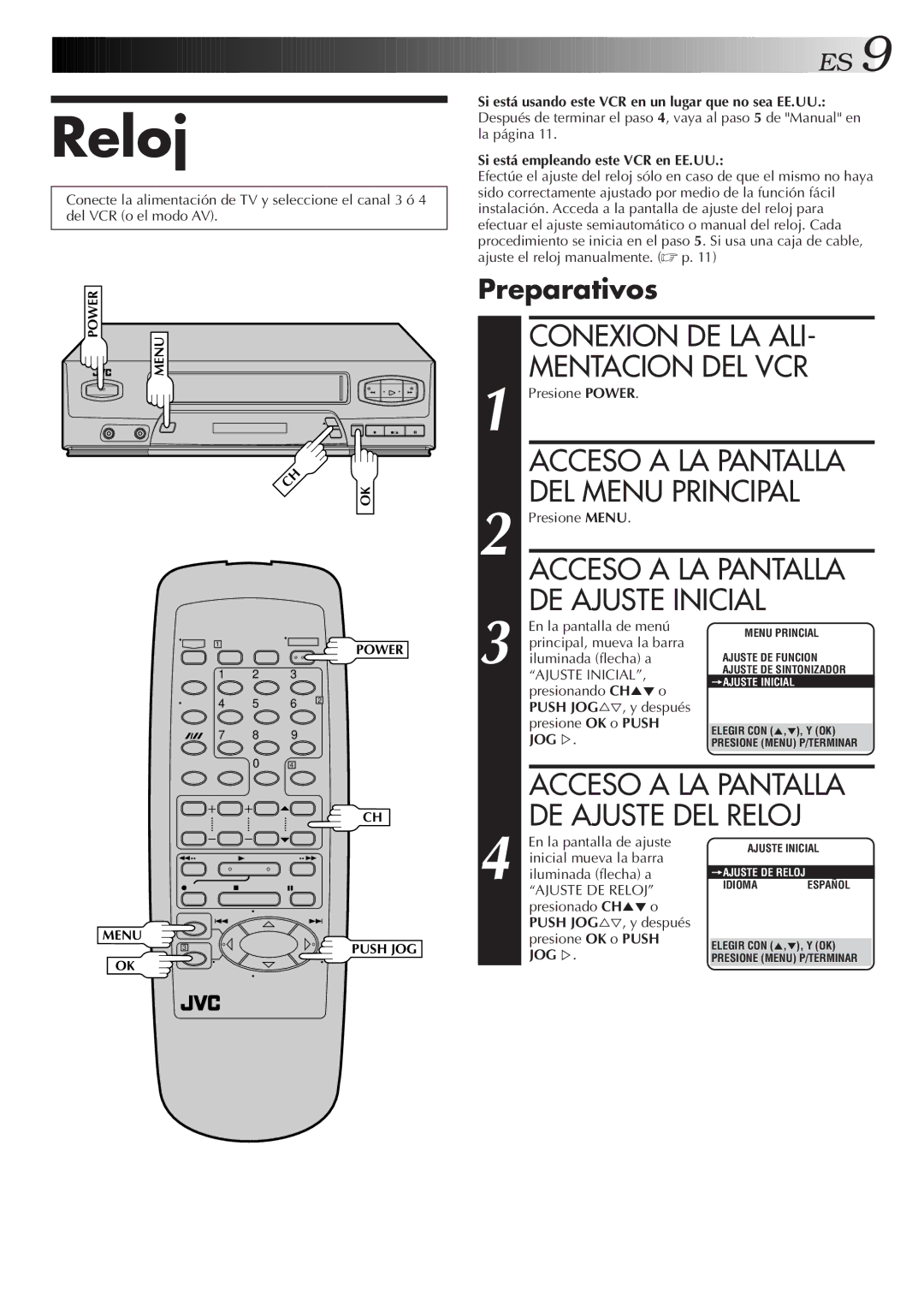 JVC HR-J3006UM manual Reloj, Conexion DE LA ALI- Mentacion DEL VCR, DEL Menu Principal, Preparativos 