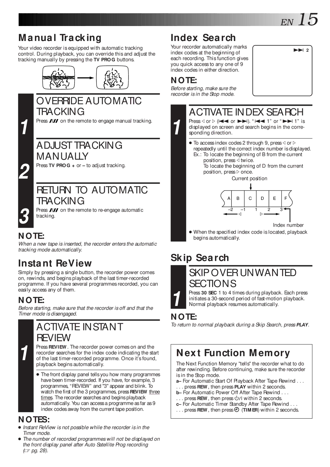 JVC HR-J313EU Override Automatic Tracking, Adjust Tracking, Manually, Return to Automatic, Activate Instant Review 