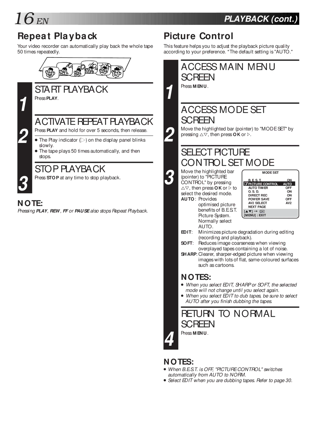 JVC HR-J313EU specifications Access Mode SET Screen, Select Picture Control SET Mode, EN Playback, Repeat Playback 