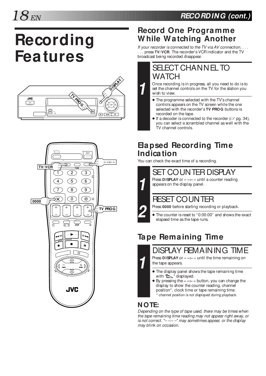 JVC HR-J313EU Recording Features, Select Channel to Watch, Reset Counter, Display Remaining Time, EN Recording 