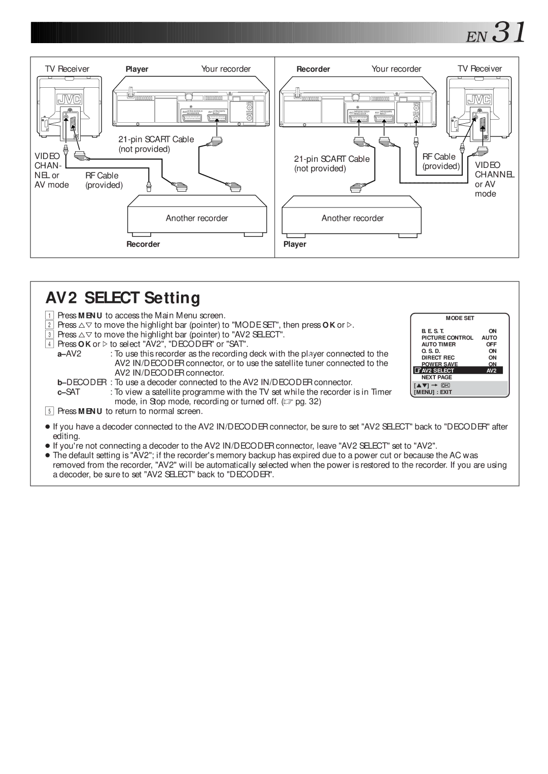 JVC HR-J313EU specifications AV2 Select Setting, Recorder, Press %Þ to move the highlight bar pointer to AV2 Select 