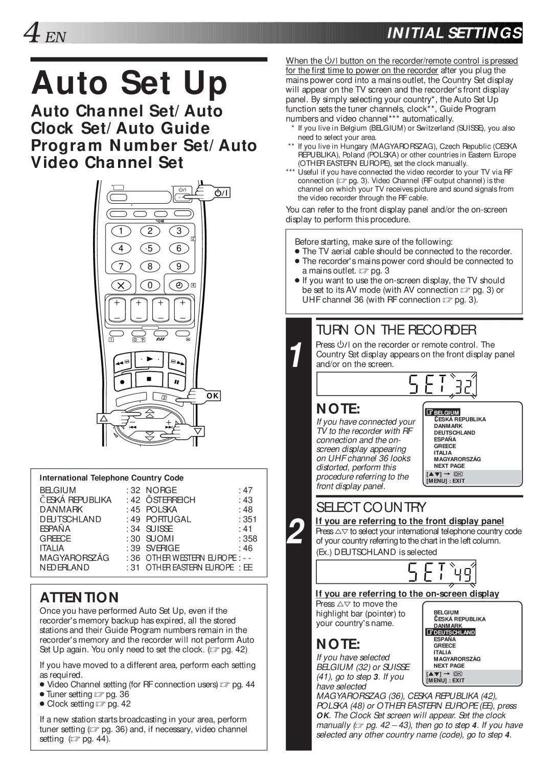 JVC HR-J313EU specifications Auto Set Up, EN Initial Settings, If you are referring to the front display panel 