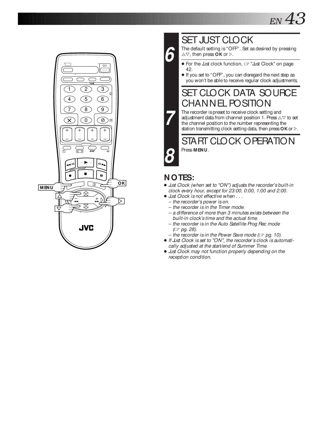 JVC HR-J313EU specifications SET Just Clock, Default setting is OFF. Set as desired by pressing 