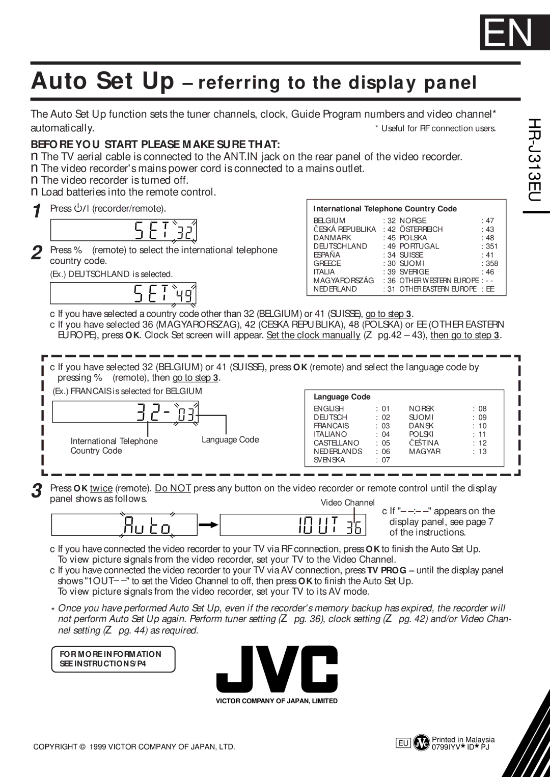 JVC HR-J313EU specifications Auto Set Up referring to the display panel, Ex. Francais is selected for Belgium 