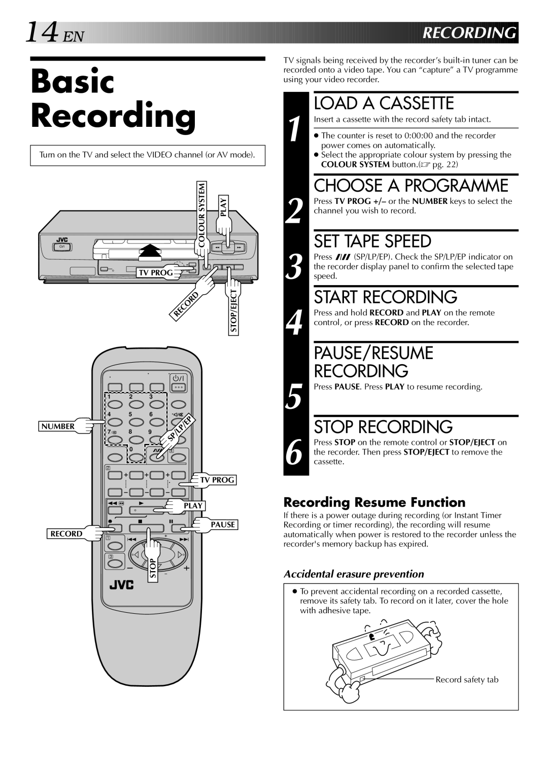 JVC HR-J341EM specifications Basic Recording 