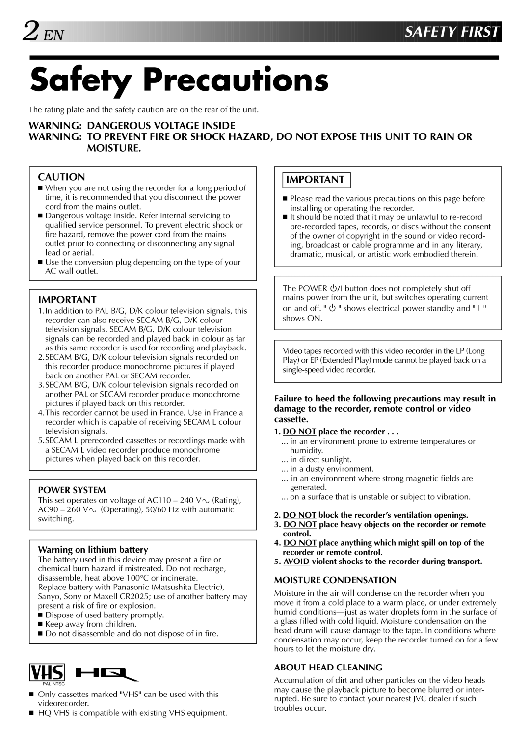 JVC HR-J341EM specifications Safety Precautions, Do not place the recorder 