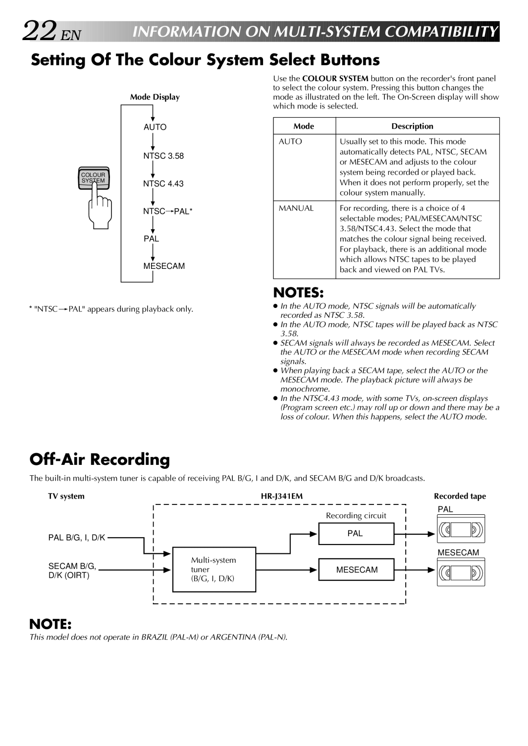 JVC HR-J341EM Setting Of The Colour System Select Buttons, Off-Air Recording, Mode Display, Mode Description, TV system 