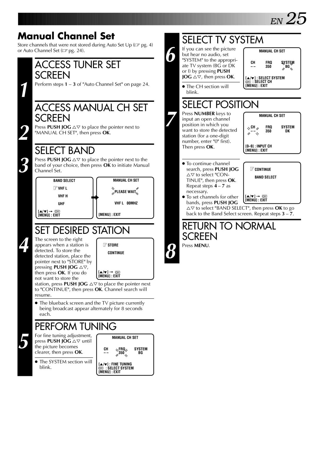 JVC HR-J341EM specifications Access Tuner SET, Select Position Screen, Select Band, SET Desired Station 