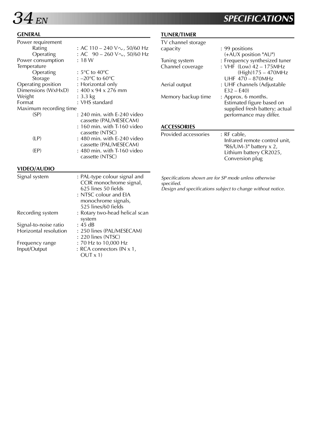 JVC HR-J341EM specifications Ions 