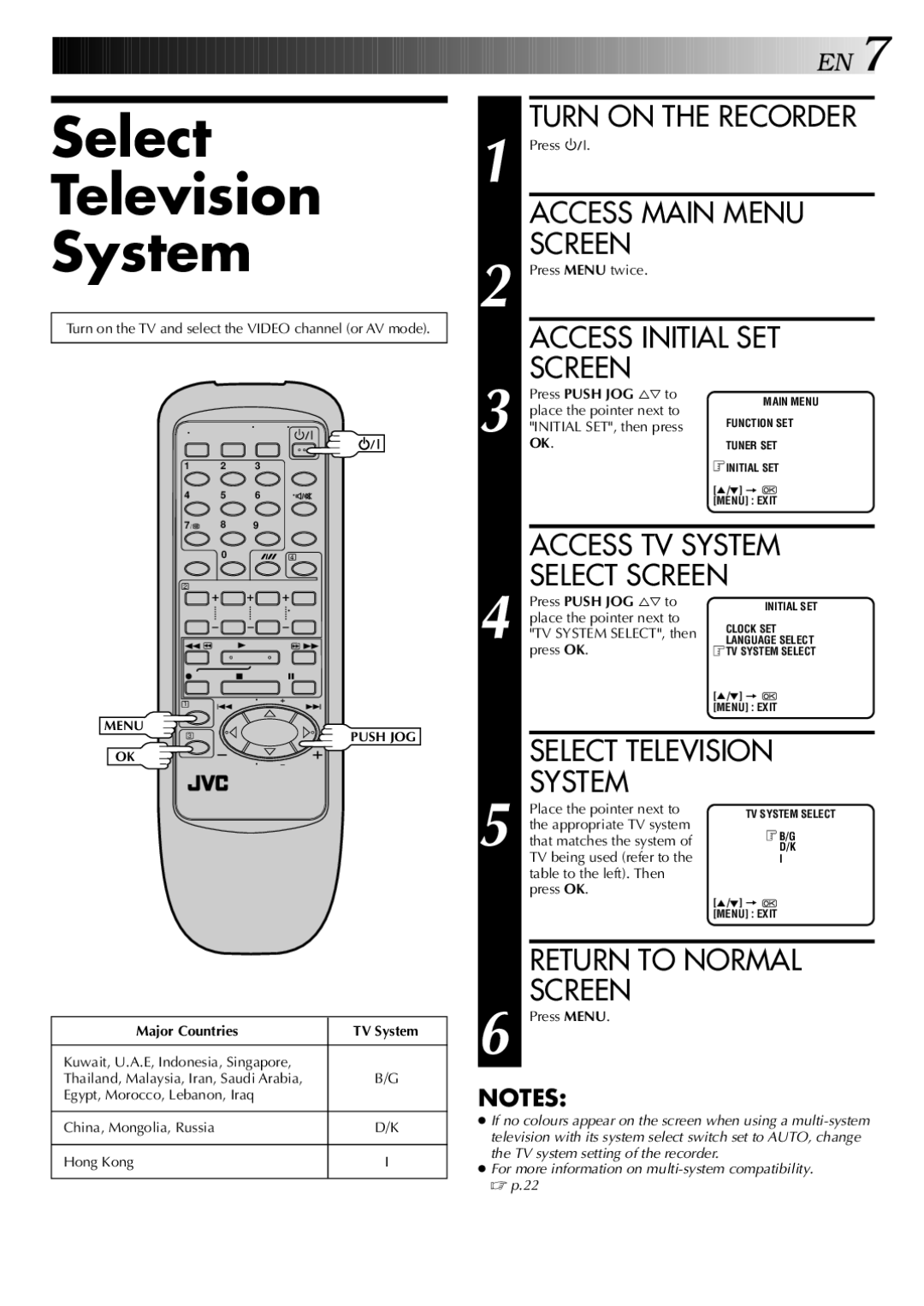 JVC HR-J341EM specifications Select Television System 