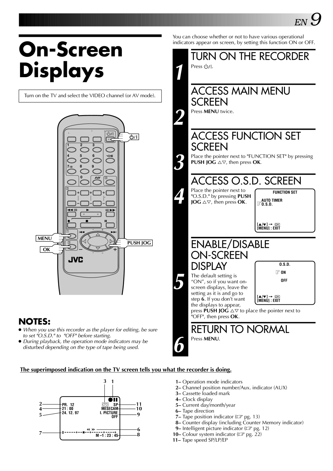 JVC HR-J341EM On-Screen Displays, Access Function SET, Access O.S.D. Screen, Enable/Disable, ON-SCREEN Display 