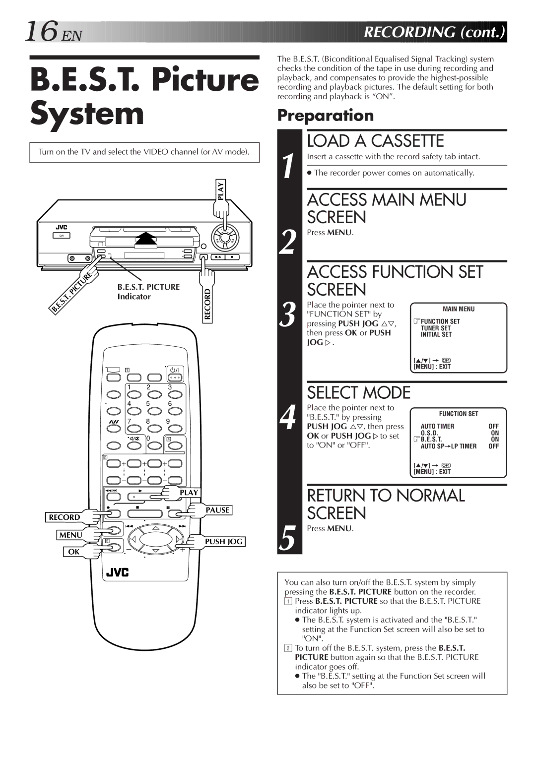 JVC HR-J351EM specifications S.T. Picture System, EN Recording, Preparation 