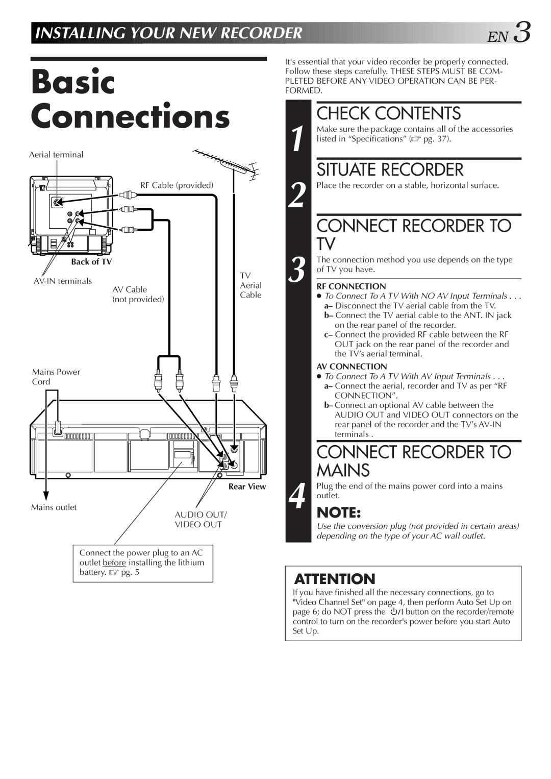 JVC HR-J351EM specifications Basic Connections, Check Contents, Situate Recorder, Mains, Rear View 