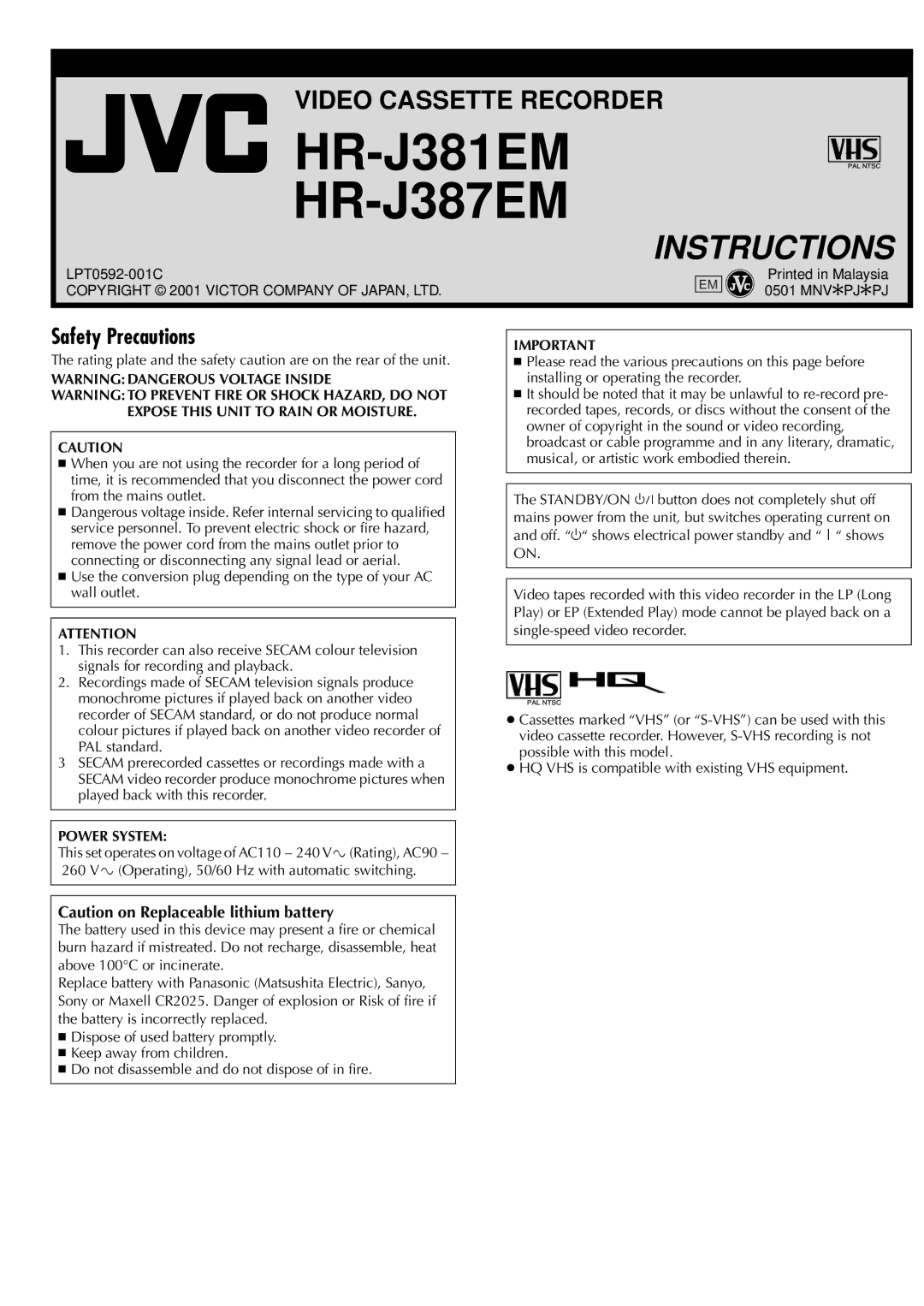 JVC LPT0592-001C manual HR-J381EM HR-J387EM, Safety Precautions 