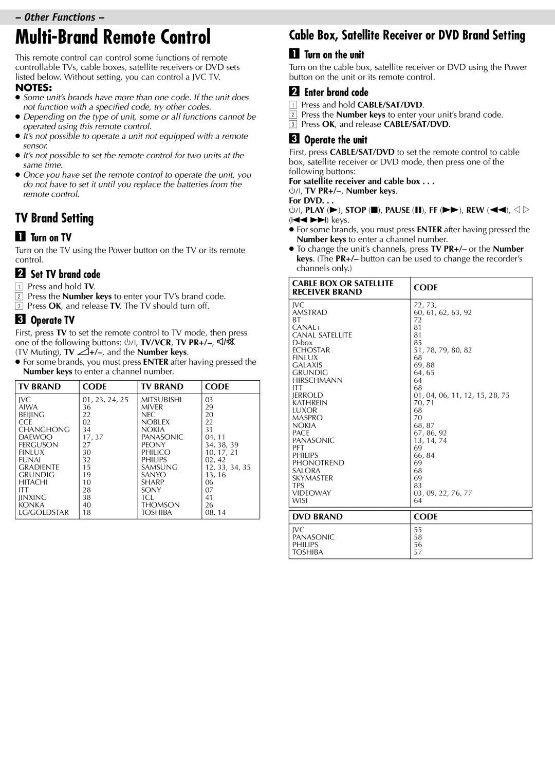 JVC LPT0592-001C, HR-J387EM, HR-J381EM manual Multi-Brand Remote Control, TV Brand Setting 