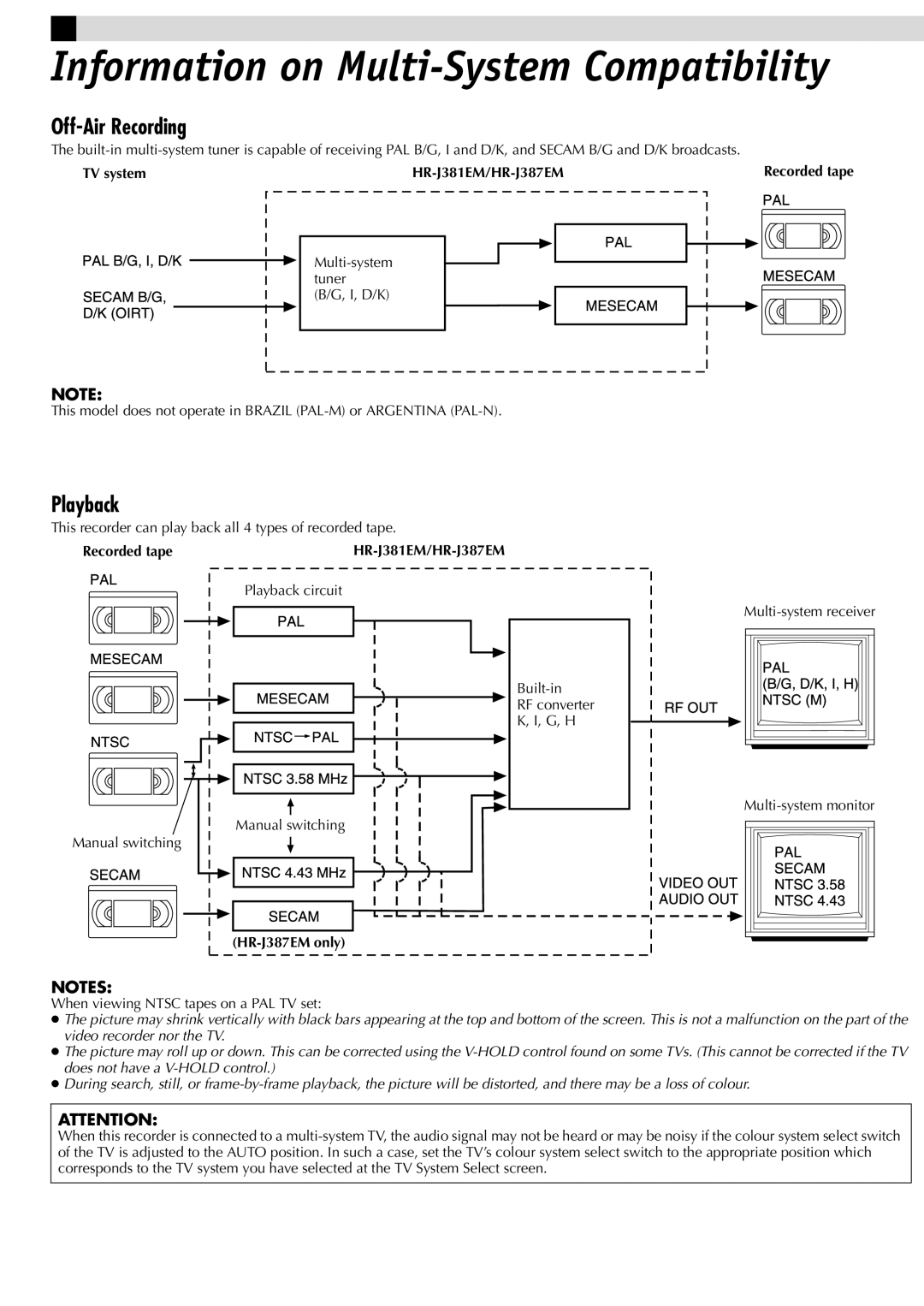 JVC LPT0592-001C Information on Multi-System Compatibility, Off-Air Recording, Playback, TV system HR-J381EM/HR-J387EM 