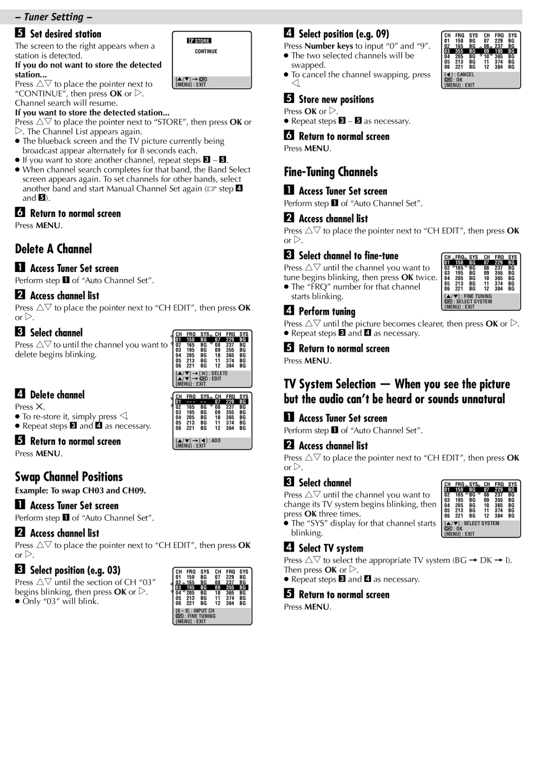 JVC HR-J387EM, HR-J381EM, LPT0592-001C manual Fine-Tuning Channels, Delete a Channel, Swap Channel Positions 