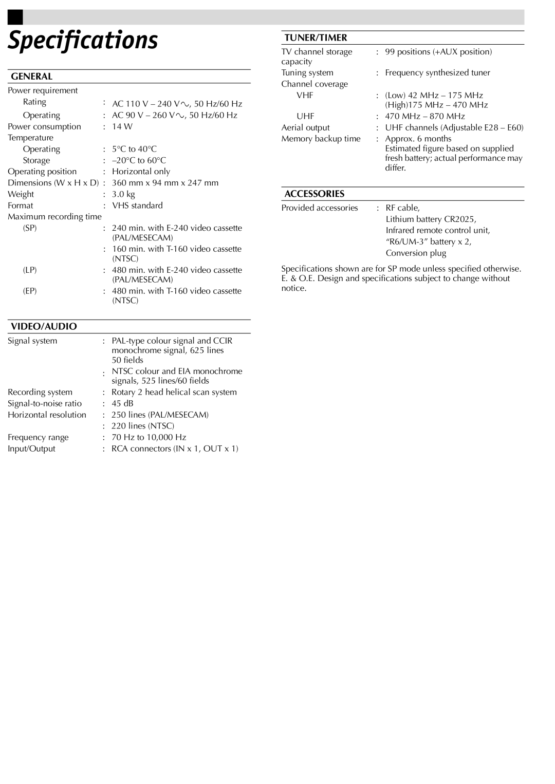 JVC HR-J381EM, HR-J387EM, LPT0592-001C manual Specifications 