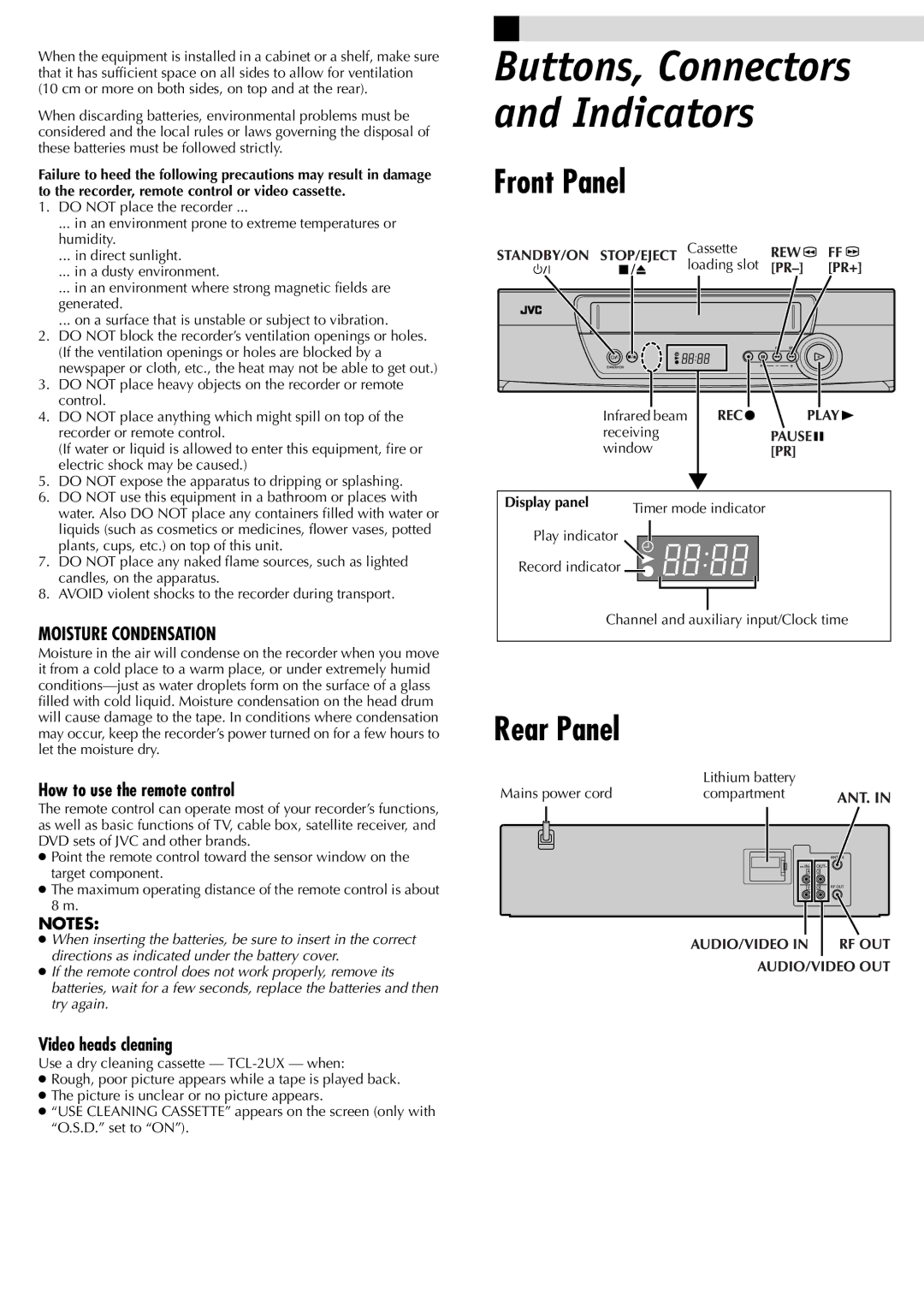 JVC LPT0592-001C, HR-J387EM Front Panel, Rear Panel, How to use the remote control, Video heads cleaning, Display panel 