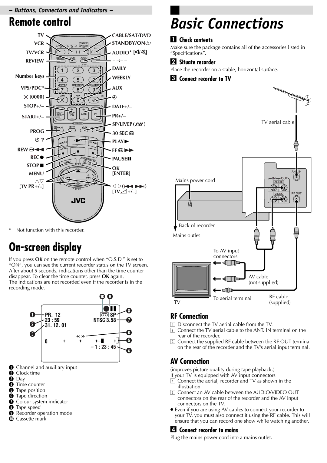 JVC HR-J387EM, HR-J381EM, LPT0592-001C Basic Connections, Remote control, On-screen display, RF Connection, AV Connection 